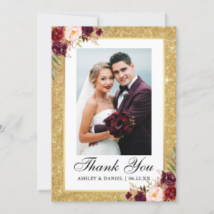 För glitterBurgundy för elegant bröllop guld- foto Tack Kort