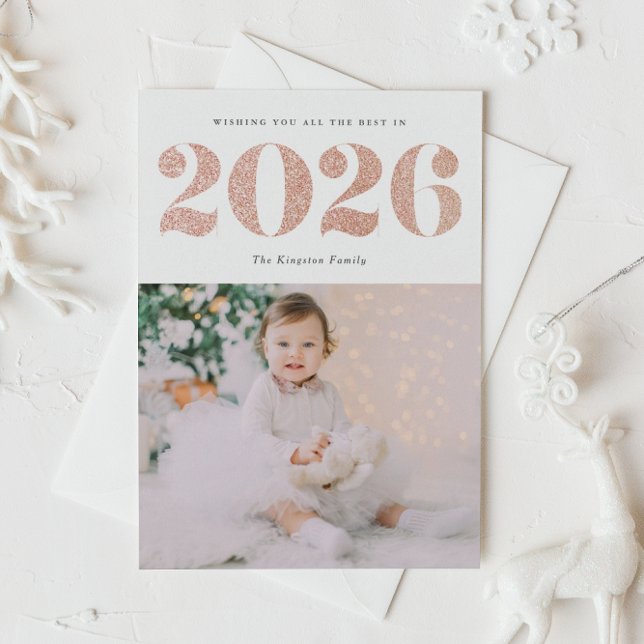För glittergott nytt år för chic 2019 rosa guld- julkort (Customizable photo 2026 Happy New Year card featuring festive faux rose gold foil glitter.)
