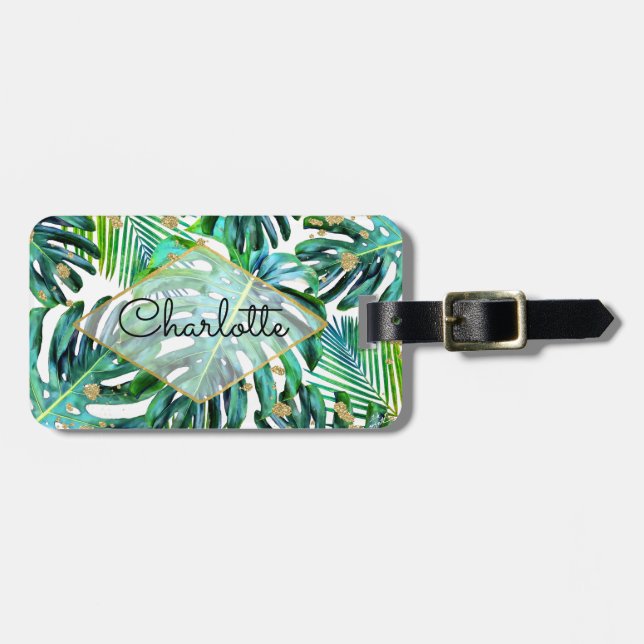 För glitterhandflatan för tropisk grönska guld- bagagebricka (Horisontell Framsida)