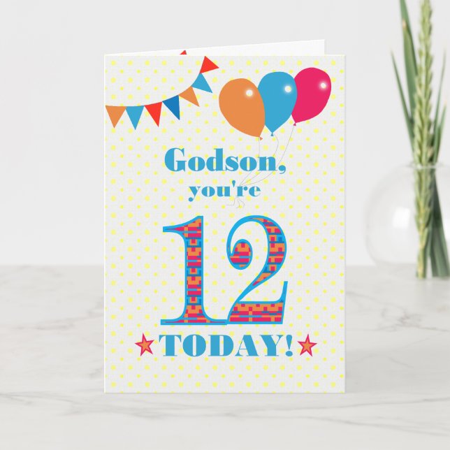 För Godson 12:e Birthday Bunting BalloCard Kort (Framsida)