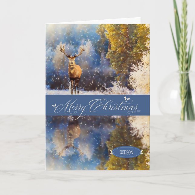 för Godson jul Winter Woodland Hjort Helgkort (Framsida)