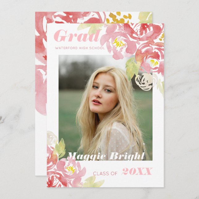  för Grad-meddelande om Blommigt av vattenfärg Inbjudningar (Fram/baksida)