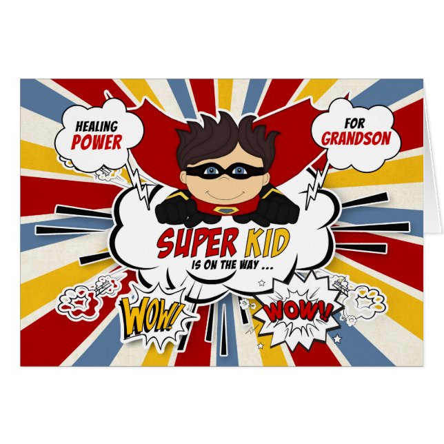 för Grandson Get well Boy Superassistance Tecknad  Hälsningskort (Framsidan Horizontal)