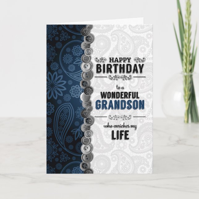 för Grandsons Birthday Blue Paisley med Buttons Kort (Framsida)