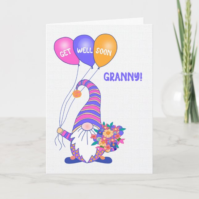 För Granny Get well Gnome Balloons Flocards Card Kort (Framsida)