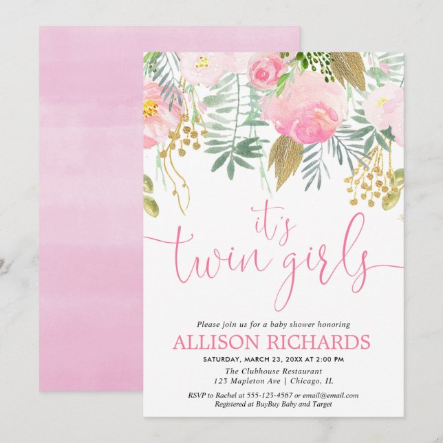 För grönskablommigt för tvilling- flickor rosa inbjudningar (Fram/baksida)