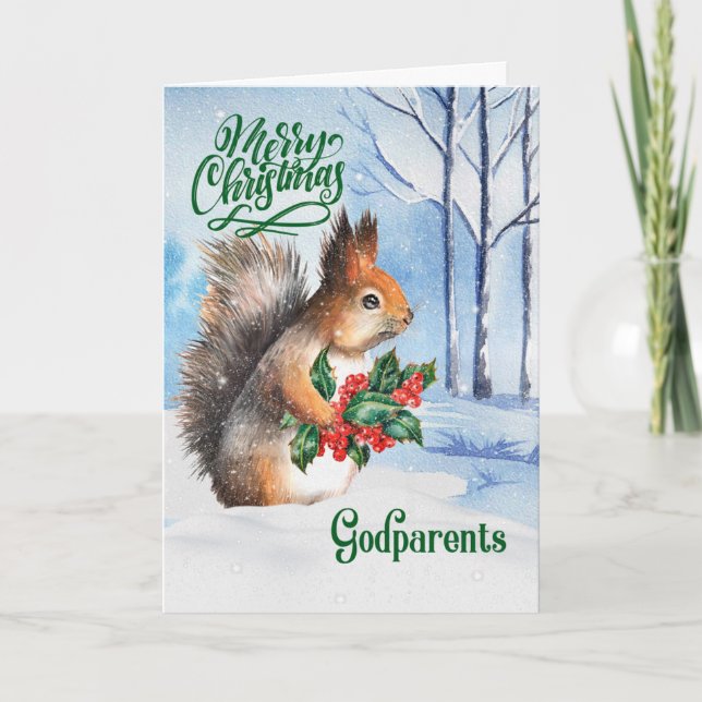 för gudföräldrar jul ekorre vinter skog helgkort (Framsida)