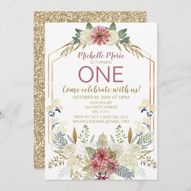 För guld- första födelsedag vattenfärgblommigt för inbjudningar (Fram/baksida)