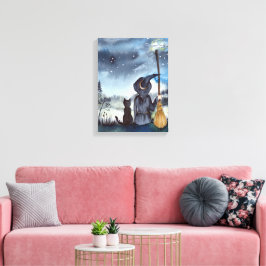 För Halloween Black Cat och Witch Starry Natt Canvastryck