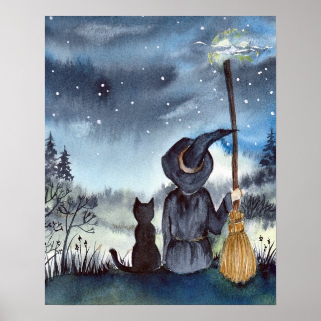 För Halloween Black Cat och Witch Starry Natt Poster (Framsidan)