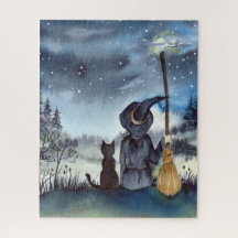 För Halloween Black Cat och Witch Starry Natt