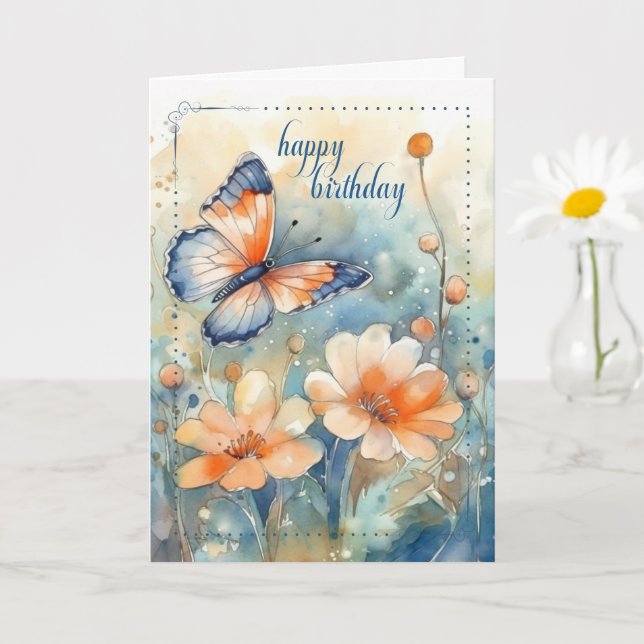 för hennes fjäril och blommor Peach Blue födelseda Kort (Liten växt)