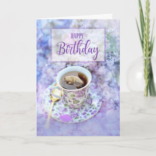 för Hennes Kopp i Tea och Lila blommor födelsedag Kort