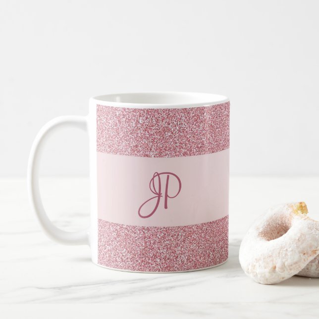 För hennes Ro Guld Glitter-stilmall Monogram Kaffemugg (Med munk)