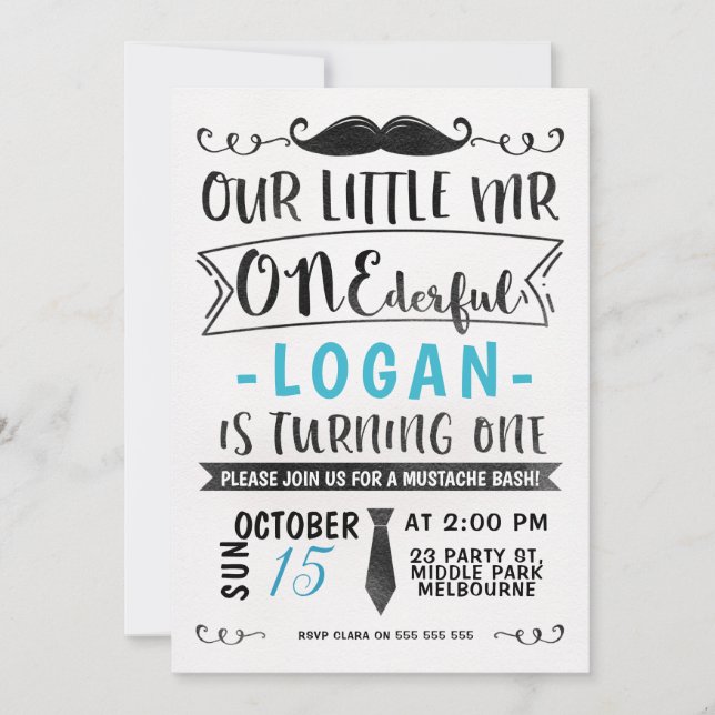 För Herr ONE-derful för blått svart inbjudan (Framsida)