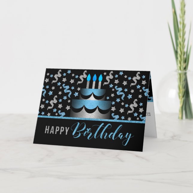 för Himma Birthday Cake Blue och Silver Faux Glitt Kort (Framsida)