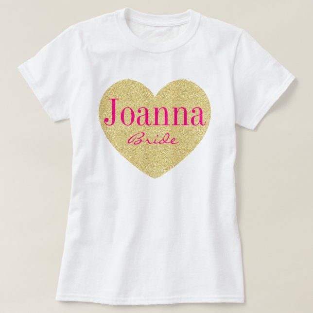 För hjärtapersonlig för glitter guld- brud tee shirt (Design framsida)
