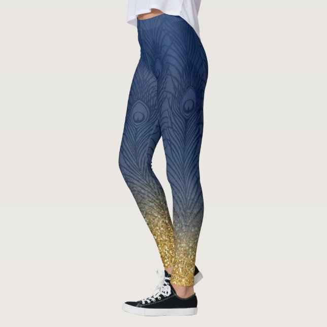 För indigoblått fjäder för påfågel blåttglitter leggings (Vänster)
