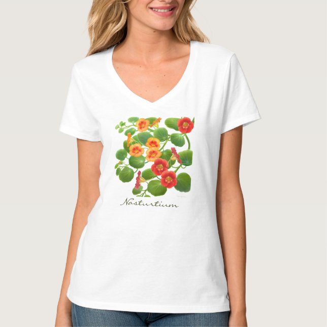 För Jersey för Nasturtium blom- V-Nacke sticka Tee Shirt (Framsida)