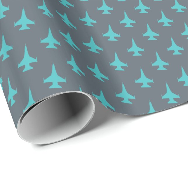 För jetmönster för huggorm F-16 Aqua på grått Presentpapper (Rullad Hörn)