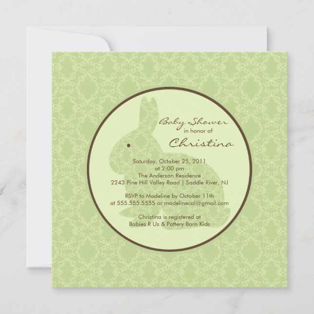 För kaninbaby shower för blått damastast neutralt inbjudningar (Framsida)