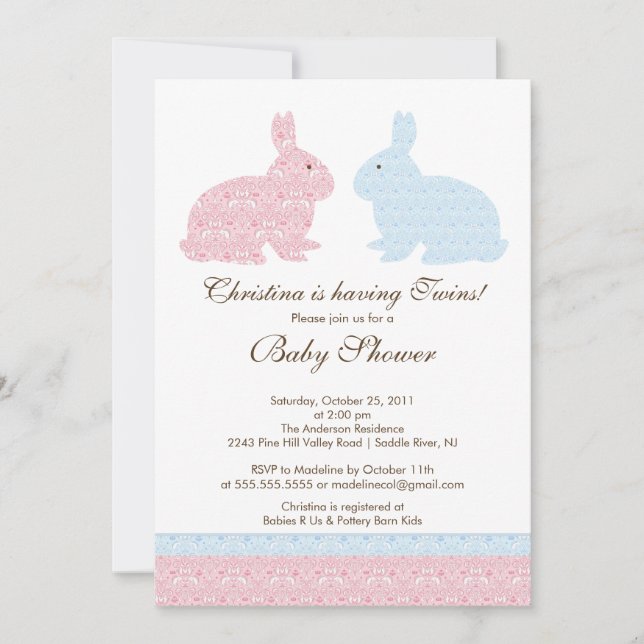 För kaninbaby shower för twillingar damastast inbjudningar (Framsida)