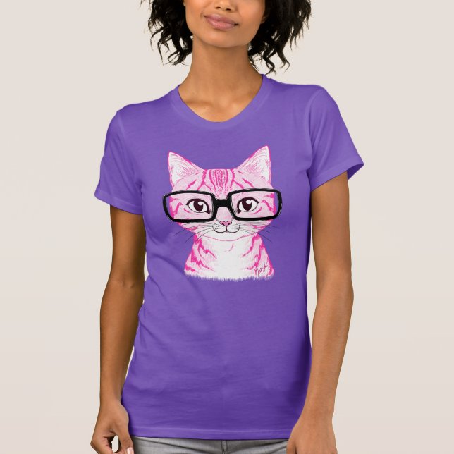 För kattkonst för hand plockade Nerdy kvinna Tee Shirt (Framsida)