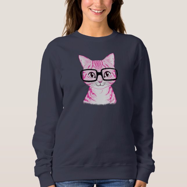 För kattkonst för unik hand plockade Nerdy kvinna Tee Shirt (Framsida)