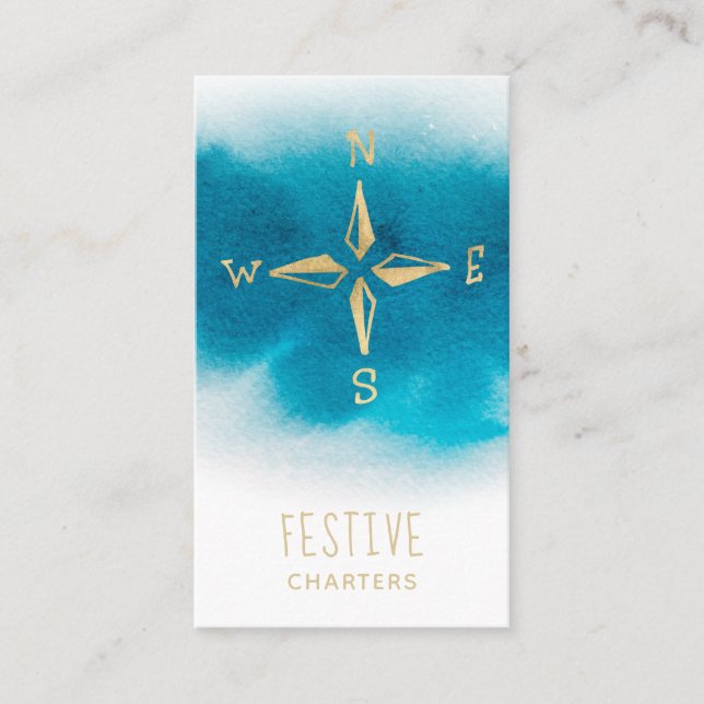 För kompassstrand för *~* guld- blått för kricka visitkort (Framsida)