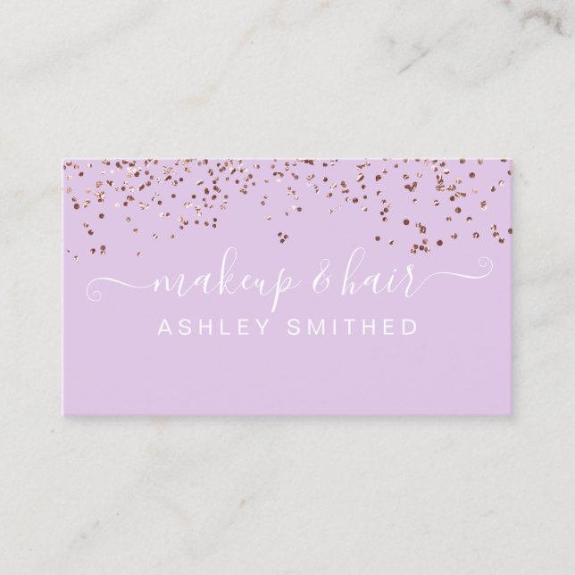 För konfettimakeup för modern lavendel rosa guld- visitkort (Framsida)