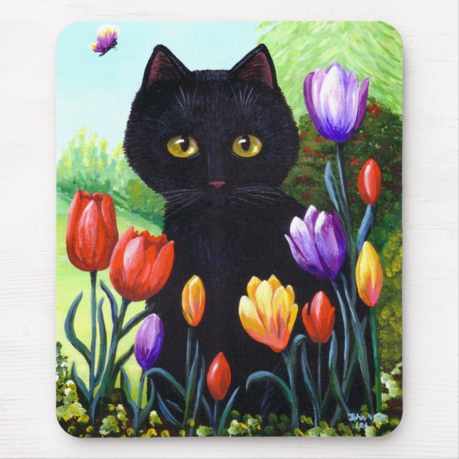 För konsttulpan för svart katt original- blommor musmatta (Framsidan)