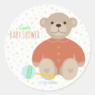För korallbaby shower för nalle iklädd runt klistermärke