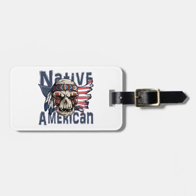 För krigareskalle för indian indisk USA flagga Bagagebricka (Horisontell Framsida)