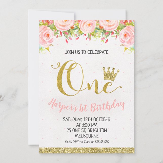 För krona 1st födelsedag inbjudan för blom- (Framsida)