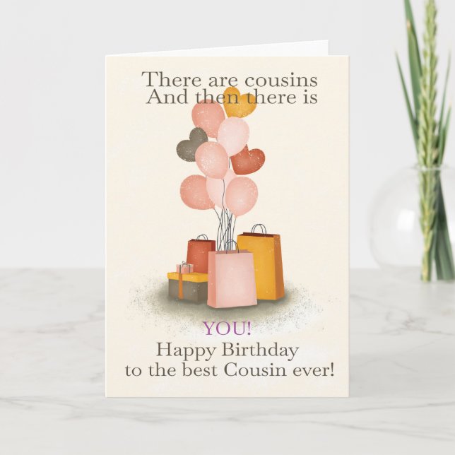 För kusin Presenter och ballonger, födelsedagskort Kort (Framsida)