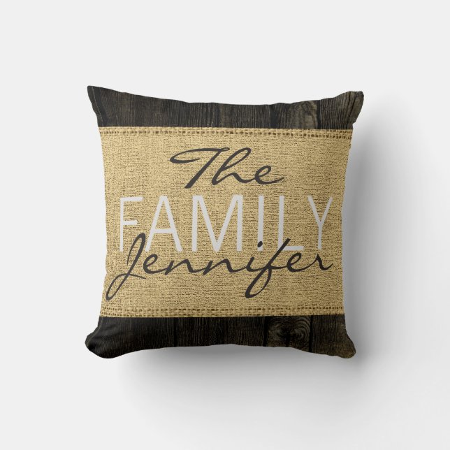 För lantlig Wood Look Burlapsvart för Monogram Kudde (Framsida)