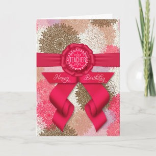 För Lärare Deep Ro Rosa Ribbon Birthday Kort