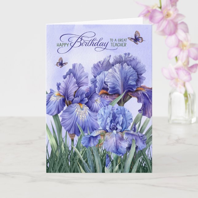 för lärare Lila Iris med Fjärilar Födelsedag Kort (Orkide)