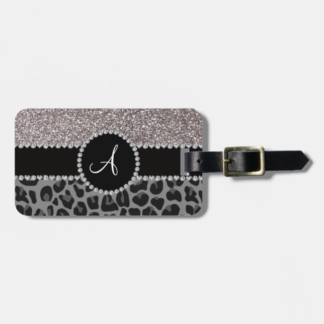 För leopardsilver för Monogram svart glitter Bagagebricka (Horisontell Framsida)