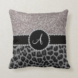 För leopardsilver för Monogram svart glitter Kudde