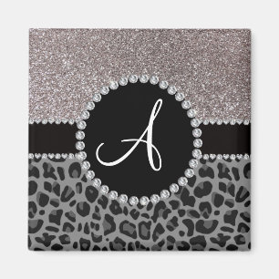 För leopardsilver för Monogram svart glitter Magnet