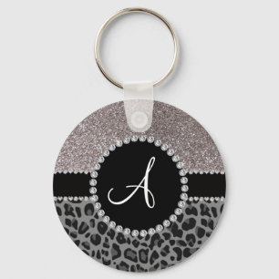För leopardsilver för Monogram svart glitter Nyckelring