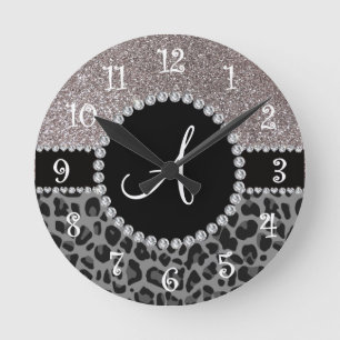 För leopardsilver för Monogram svart glitter Rund Klocka
