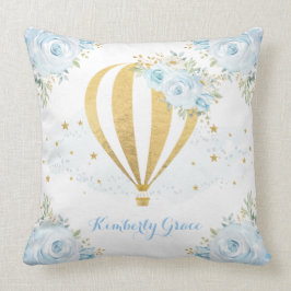 För luftballongbaby för mjuka blått blom- guld- kudde
