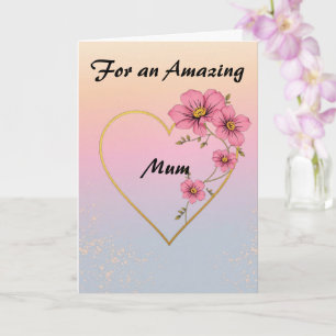 För mamma rosa blommig guld hjärta mors dag kort