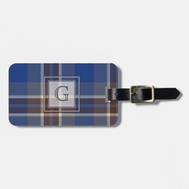För manar anpassat Monogram Blue Grått Tartan-gåvo Bagagebricka (Horisontell Framsida)