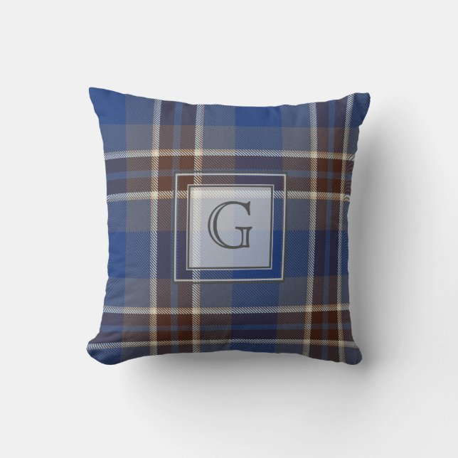 För manar anpassat Monogram Blue Grått Tartan-gåvo Kudde (Framsida)