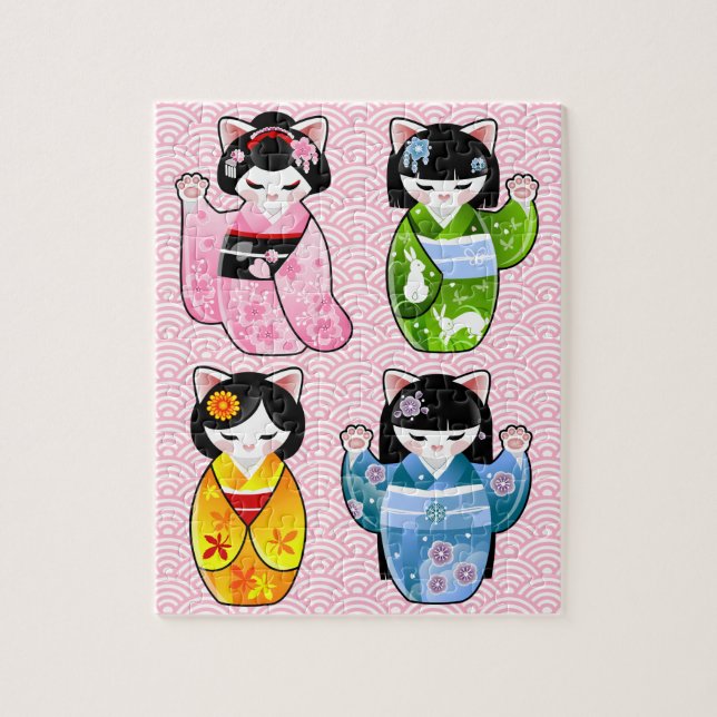 För Maneki Neko Kawaii för fyra säsonger Kimono Pussel (Vertikal)