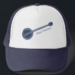 För meddelande om Banjo Players Blue and White Anp Keps<br><div class="desc">Lägg till namn i ditt blågräsband,  din egen roliga slogan eller namn i din favoritbanjo-spelare för att skapa en sån hatt. Detta illustrerar en banjo i marinblått med ert eget budskap skrivet i en samordning av blå text.</div>