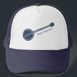 För meddelande om Banjo Players Blue and White Anp Keps<br><div class="desc">Lägg till namn i ditt blågräsband,  din egen roliga slogan eller namn i din favoritbanjo-spelare för att skapa en sån hatt. Detta illustrerar en banjo i marinblått med ert eget budskap skrivet i en samordning av blå text.</div>